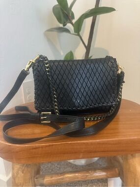 Black Woven Crossbody Bag with Gold Chain Accent